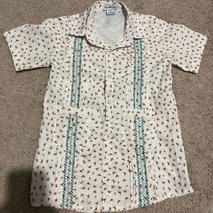 Blue Q Cream Short-Sleeve dress with Teal Embroidered Panels